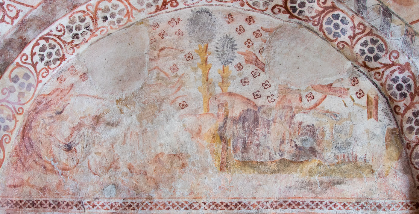 Fragmentarisk målning med djävulsframställning; till vänster helvetets gap - Knutby kyrka