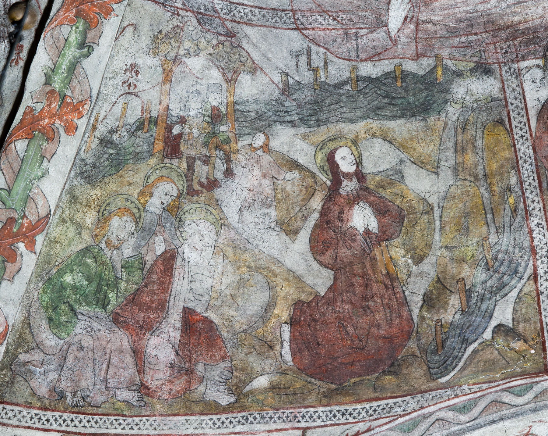 Jesus i Getsemane. Jesus knäböjande, tre av apostlarna sovande med vänster hand vid örat. I bakgrunden Judas visande vägen för tre krigsmän (NV) - Lagga kyrka