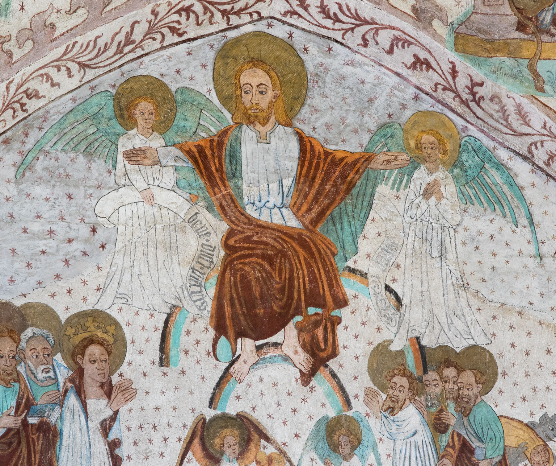 Yttersta domen med Kristus som världsdomaren sittande på himlasfären och omgiven av änglar och helgon, apostlarna som bisittare (detalj) - Tensta kyrka