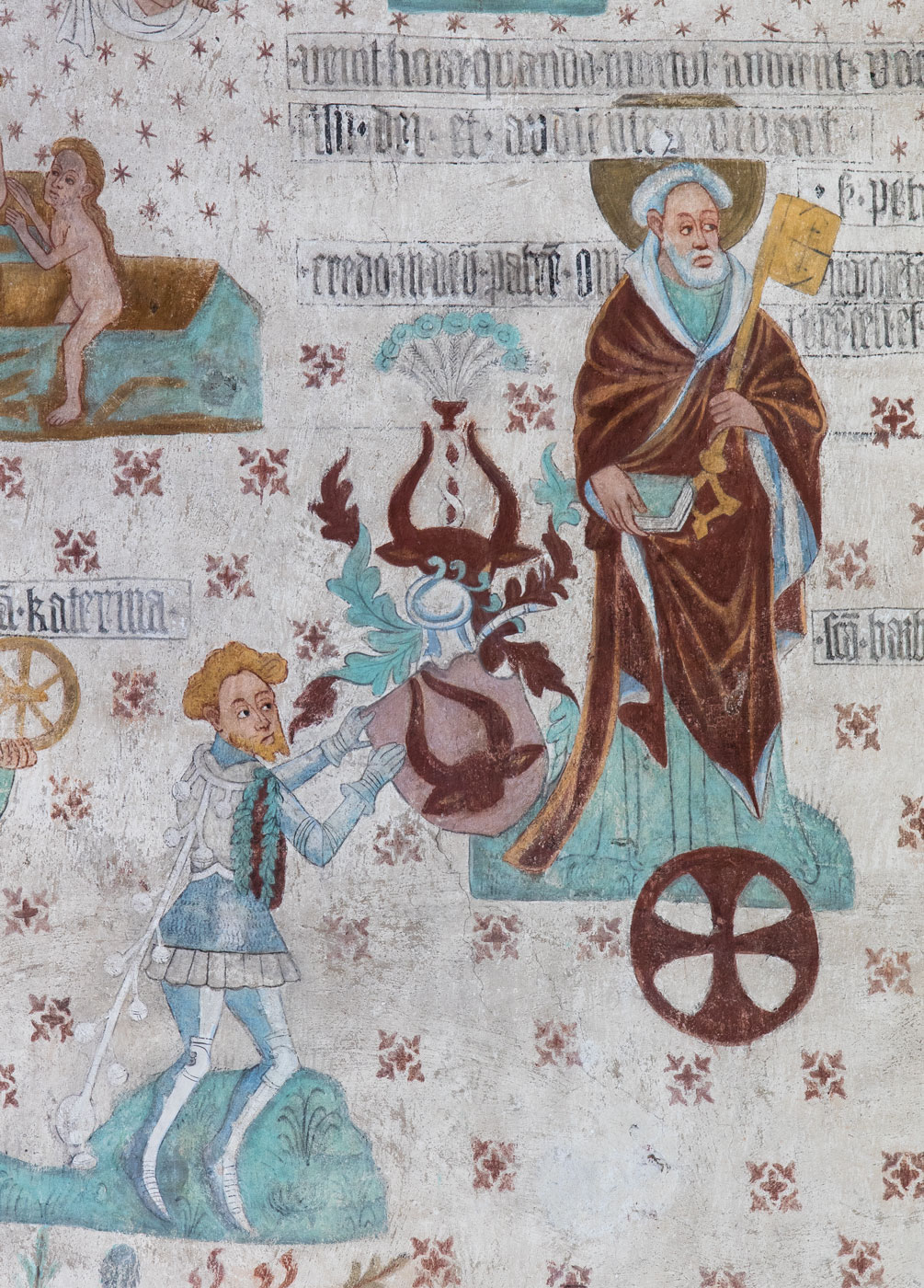 Aposteln Petrus med himmelrikets nyckel; Stiftareporträtt med Oxenstiernas vapen, riddaren Bengt Jönsson Oxenstierna - Tensta kyrka