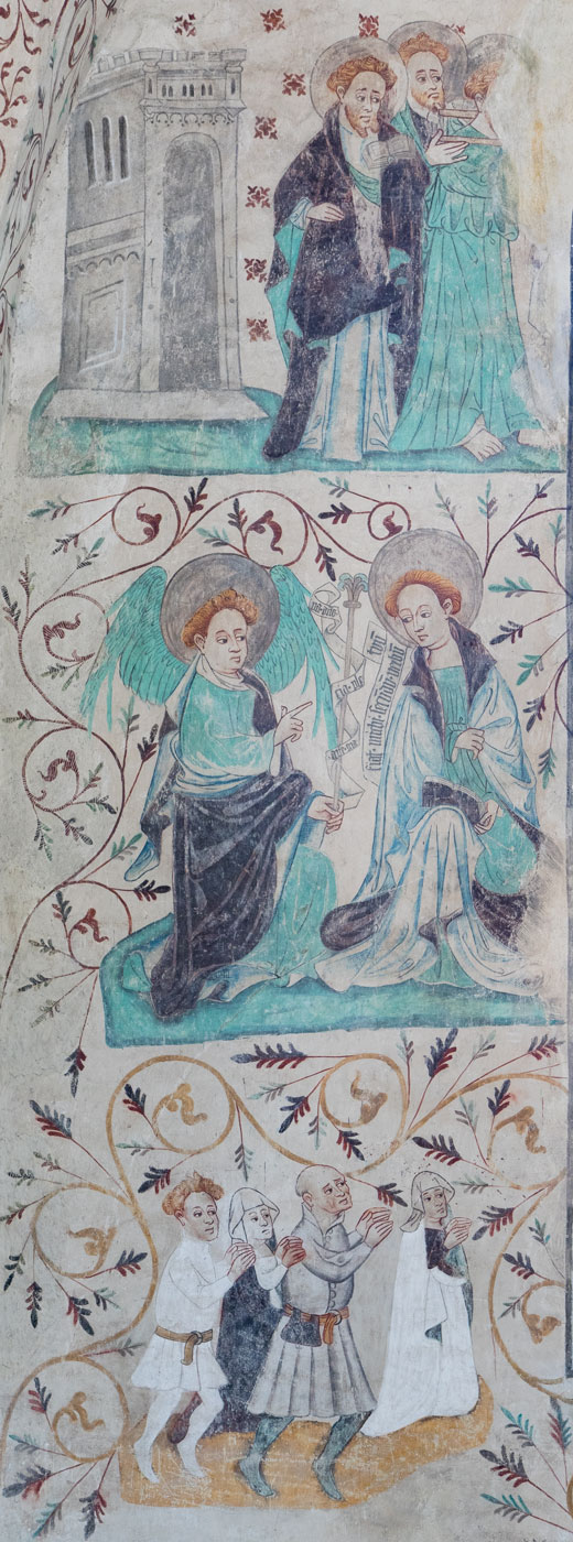 Apostlar tillhörande framställning av Marie död; Bebådelsen, ängeln Garbriel med liljespira; Tillbedjande män och kvinnor - Tensta kyrka