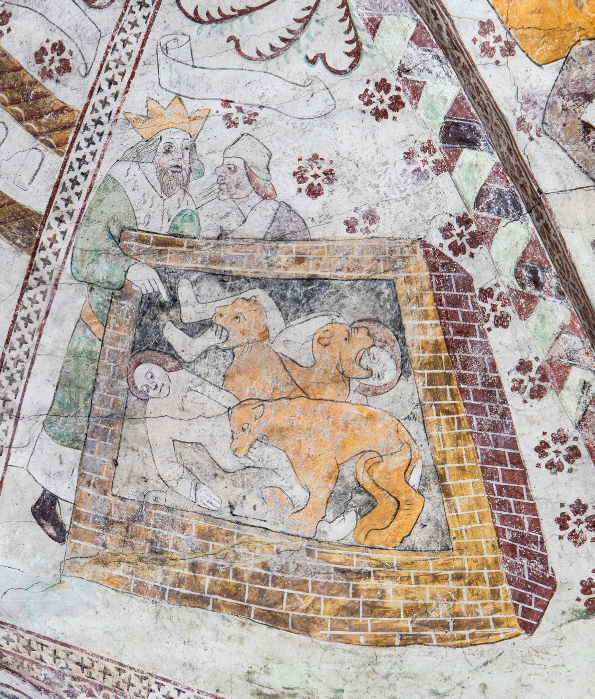 Kung Dareios och hans män vid lejongropen, hopkomponerad med scenen hur Daniels fiender kastats till lejonen (N) - Almunge kyrka