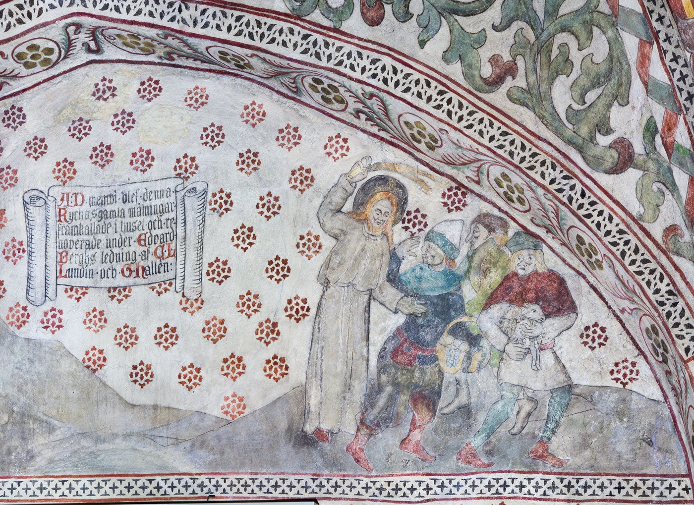 Nymålad inskription; Jesus driver ut månglarna ur templet - Bromma kyrka