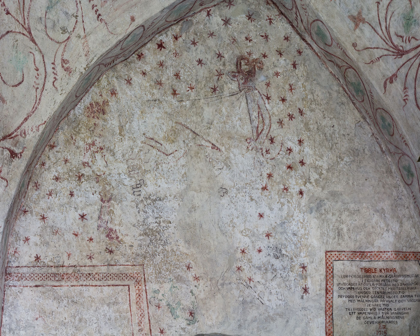 Målning från 1400-talets mitt: Skvallret i kyrkan. Två djävlar sysselsatta med det pergament på vilket skvallret tecknades ner - Håbo-Tibble kyrka