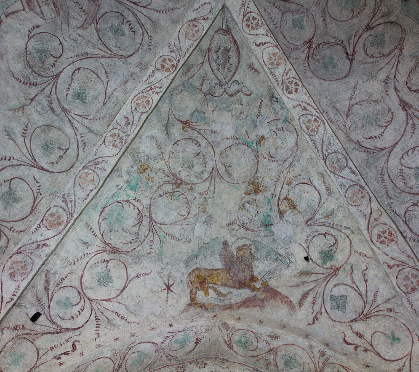 Kristi himmelsfärd (fragment i ett målningslager från 1400-talets mitt) - Håbo-Tibble kyrka