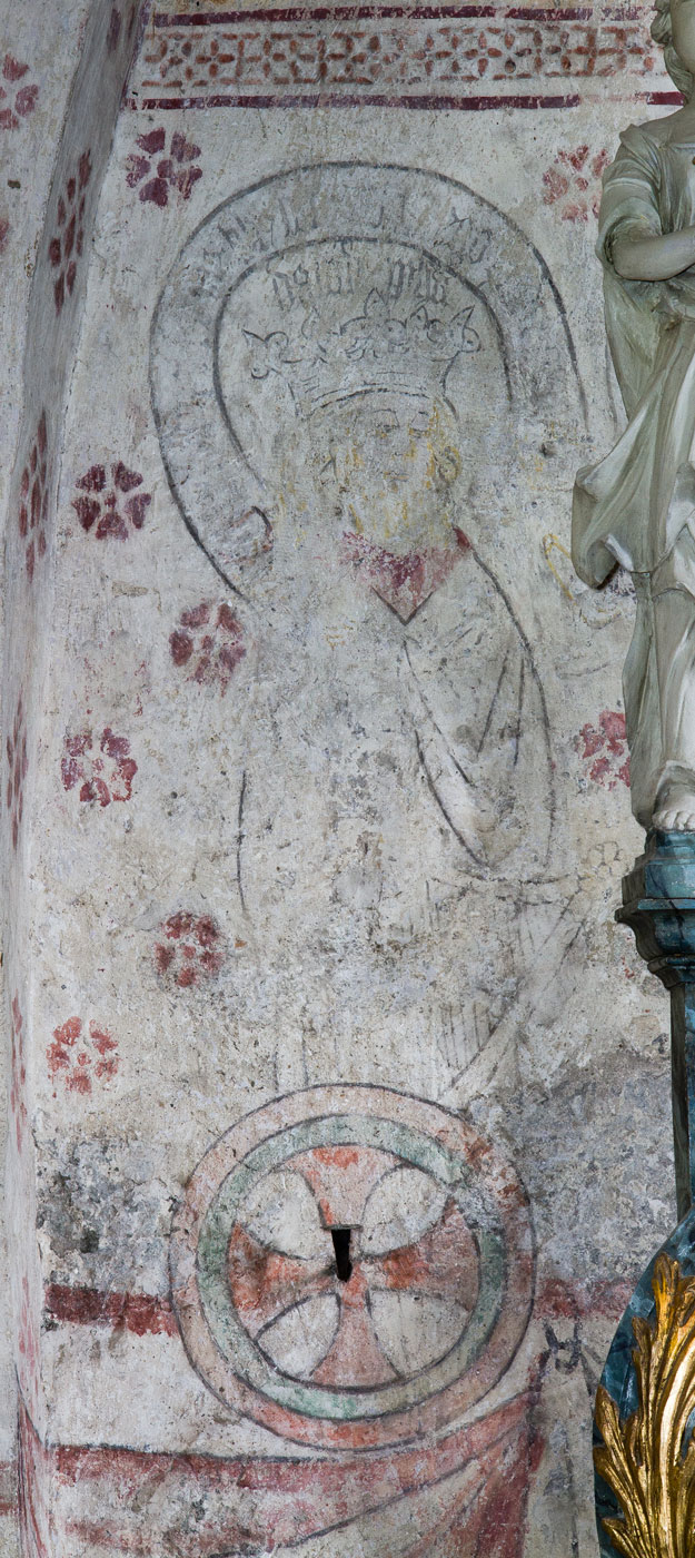 Målning från 1400-talets mitt: Credo-svit: David med krona och harpa - Håbo-Tibble kyrka