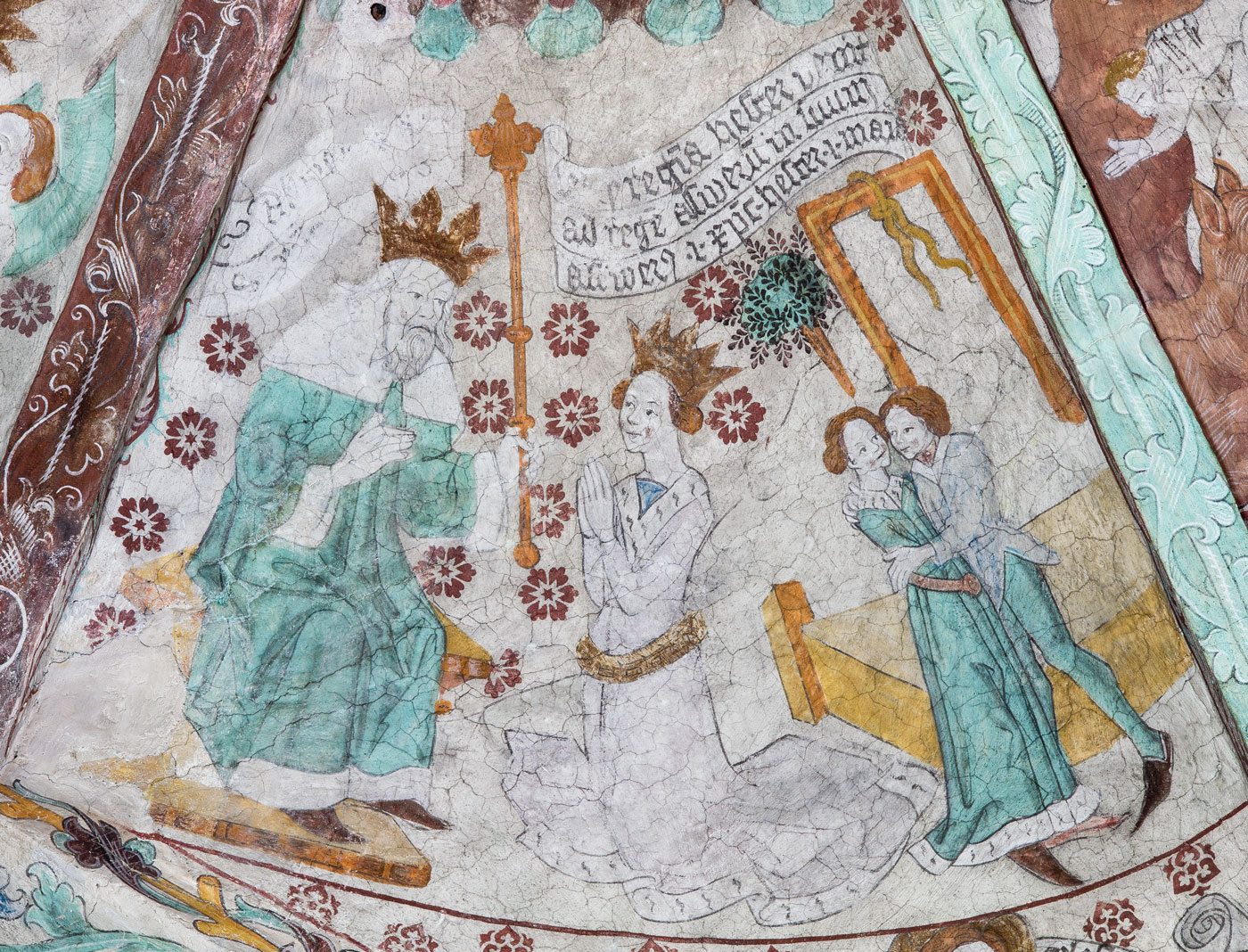 Ester inför Ahasveros/Xerxes (Till höger: Ester och Haman) - Härkeberga kyrka
