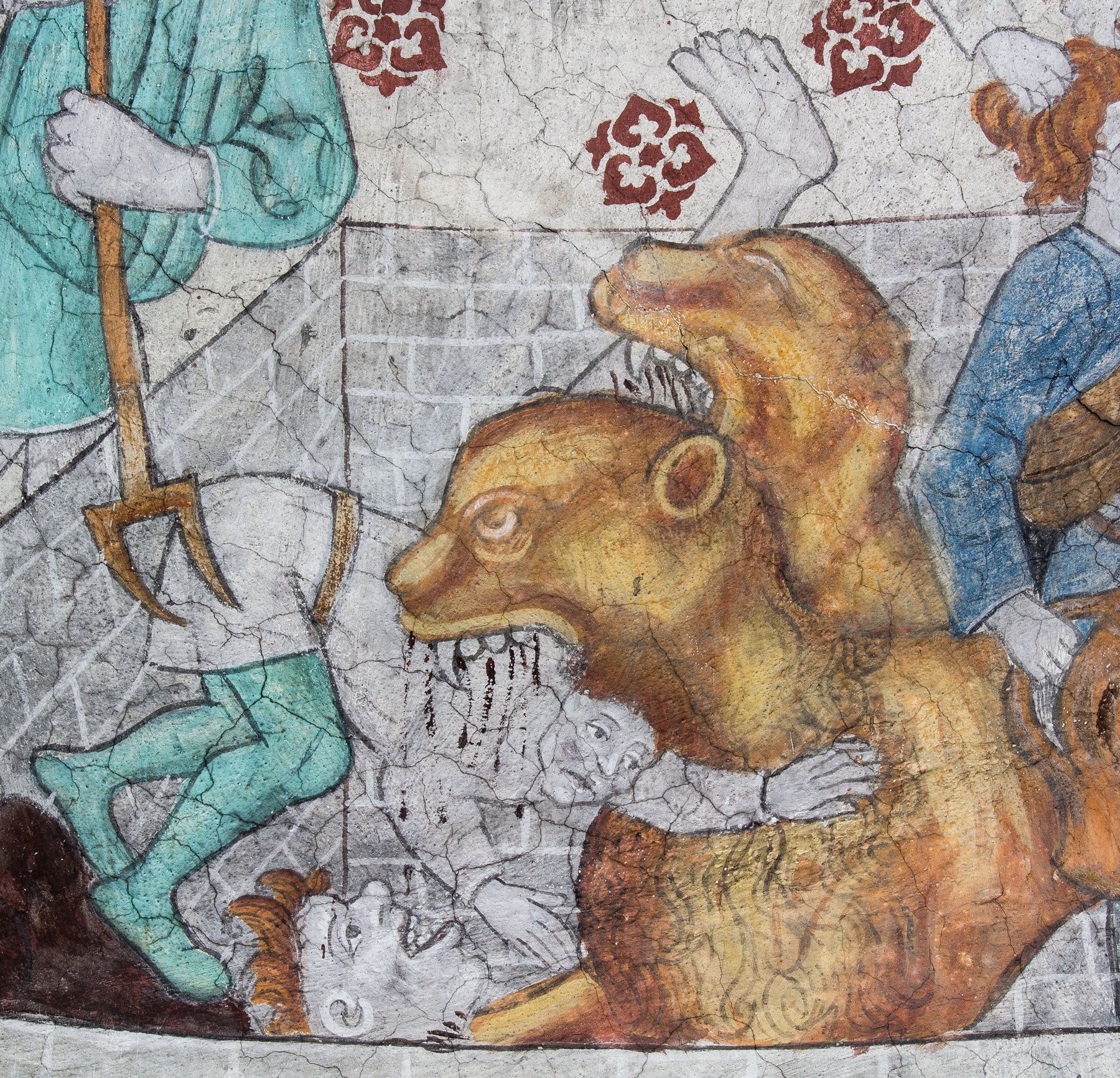 Detalj ur Daniel i lejongropen, där Daniels fiender kastas i lejongropen - Härkeberga kyrka