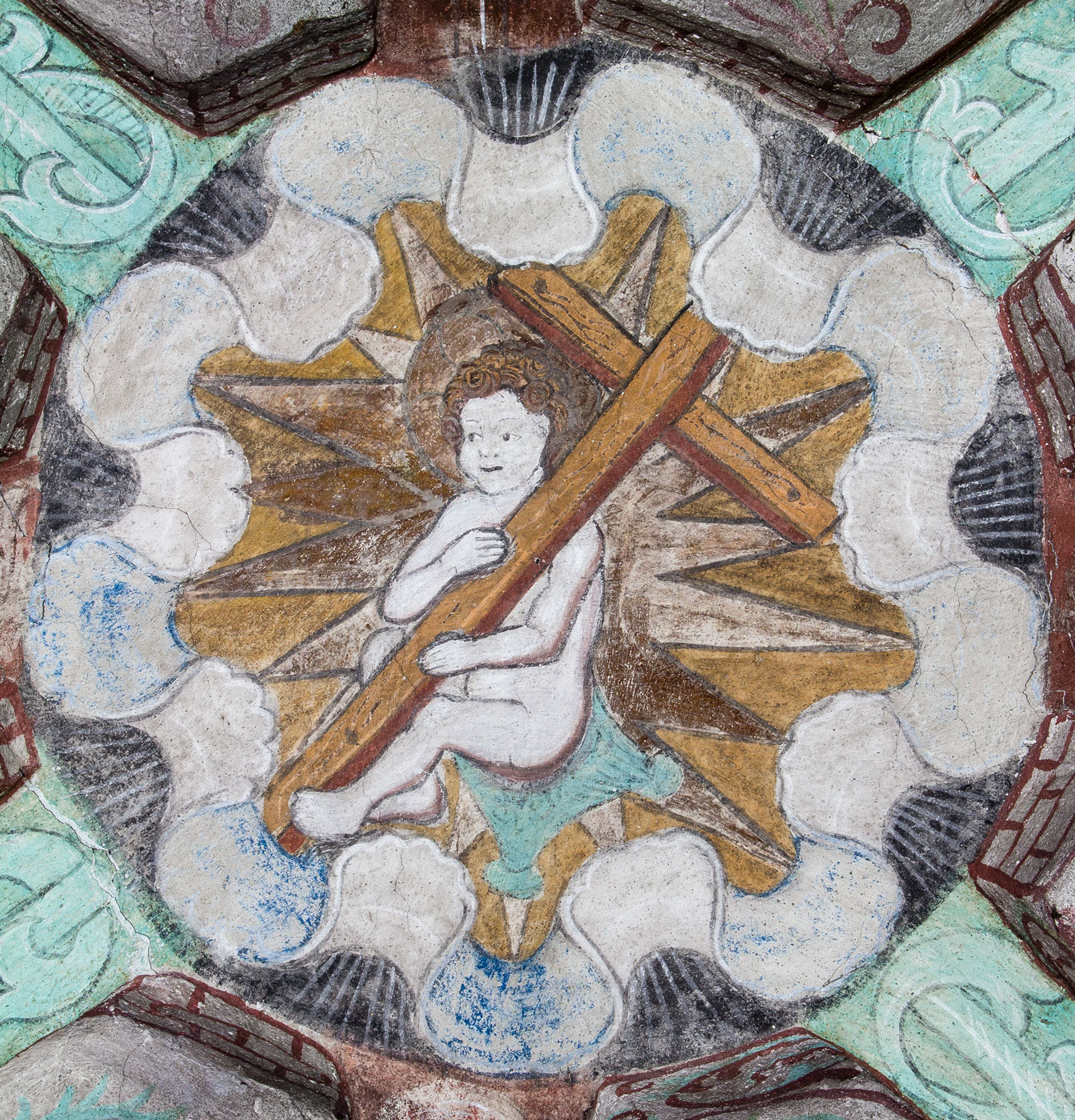 Jesusbarnet med korset i en stjärna (Betlehemsstjärnan). Medeltida träsnitt som förlaga, avsett som nyårshälsning - Härkeberga kyrka