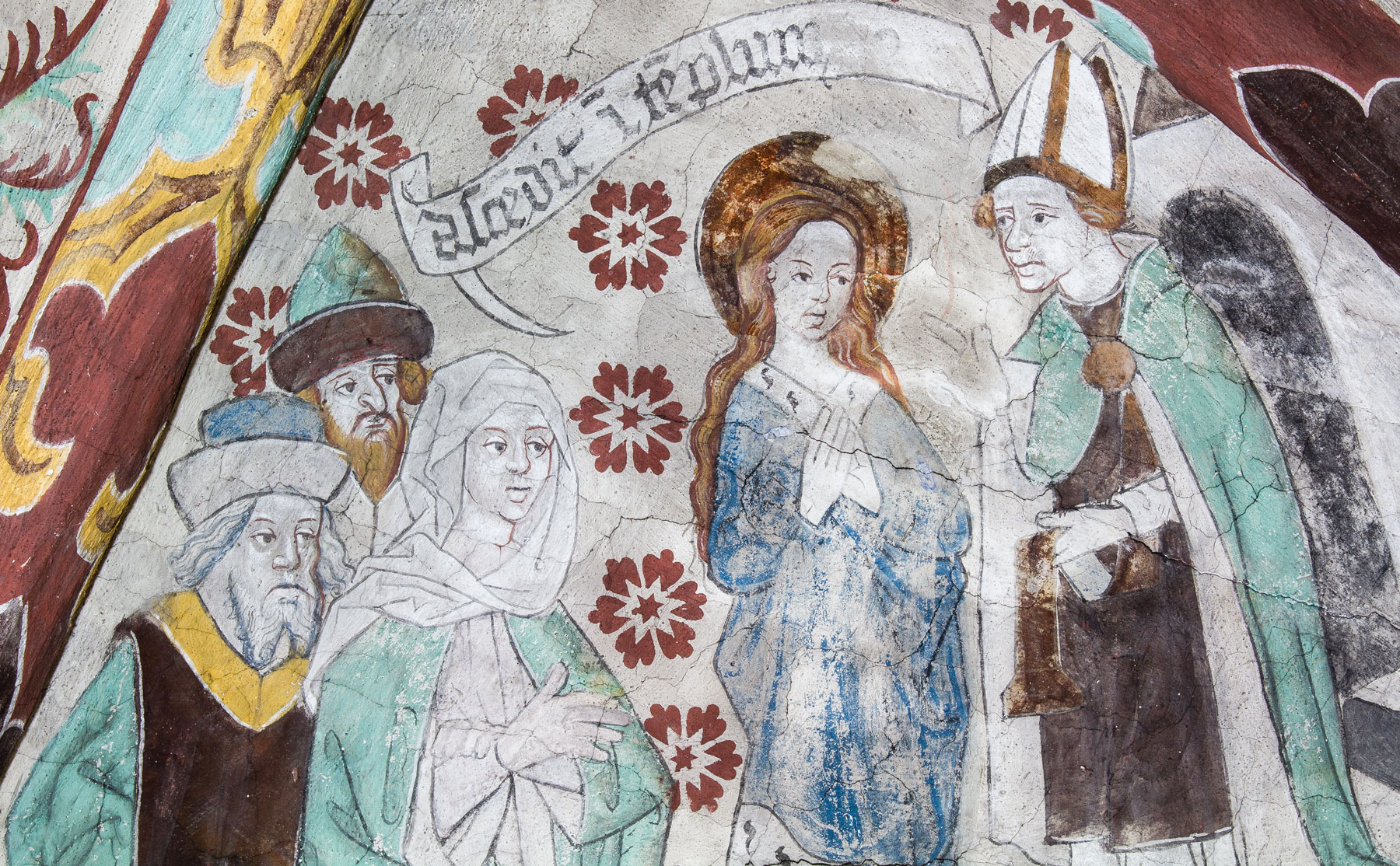 Detalj ur Jungfru Maria som förs av sina föräldrar, Joakim och Anna, till templet - Härkeberga kyrka