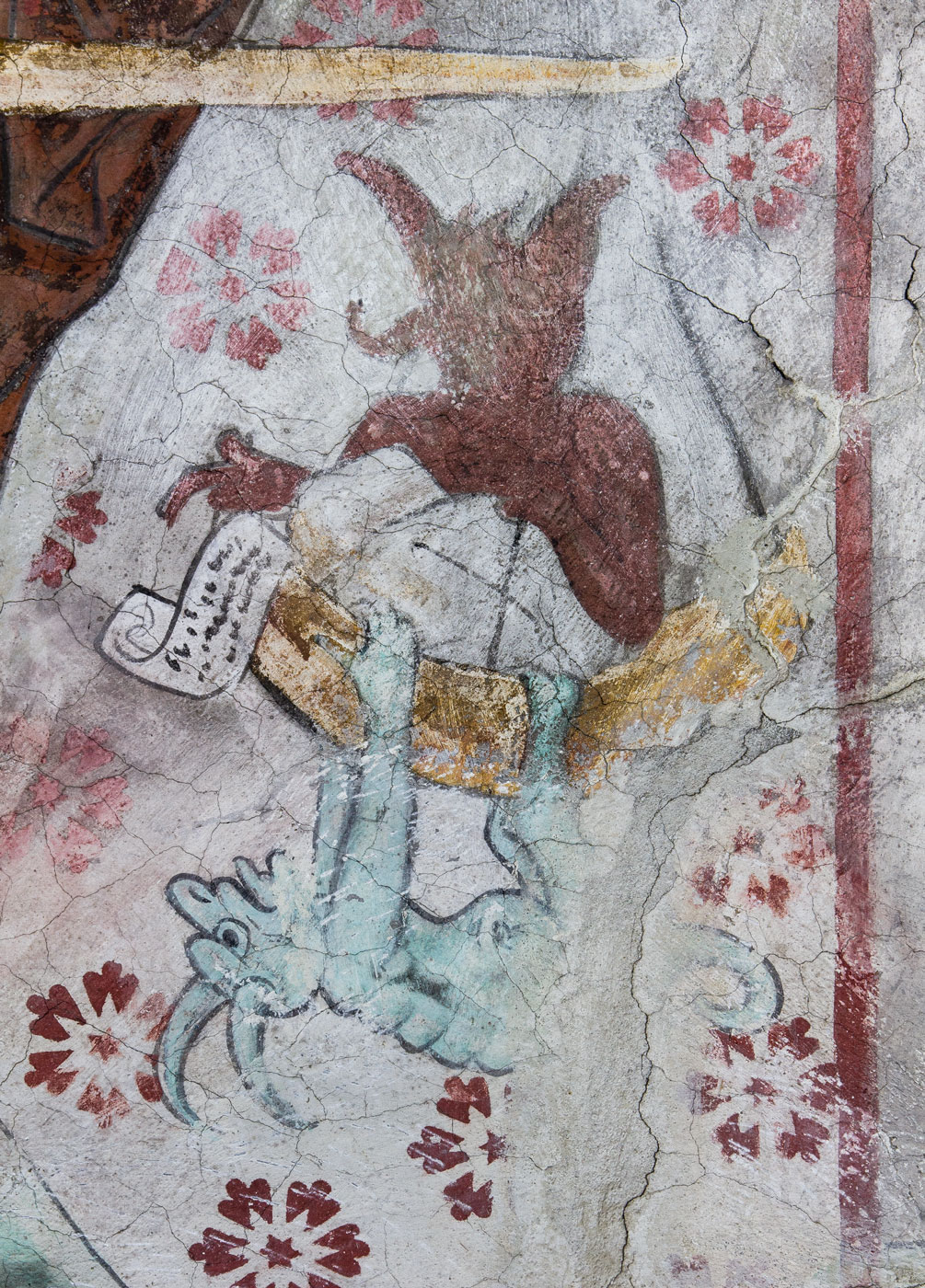 Detalj ur Mikael vid själavägningen med dialog mellan en själ och två djävlar (S) - Härnevi kyrka