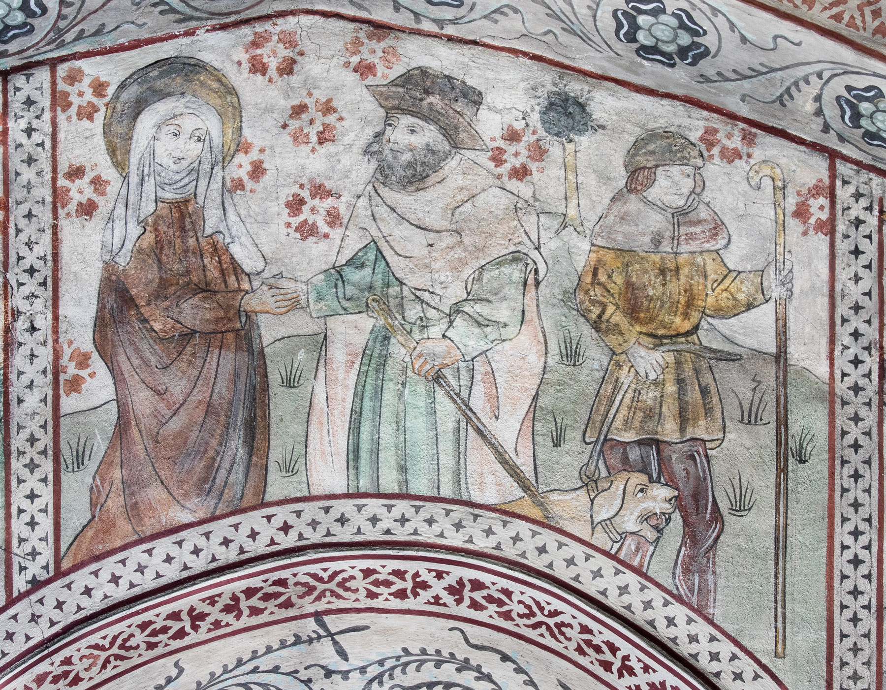 Kvinna med gloria vid sidan om en man, kanske Anna och Joakim, tillsammans med oidentifierad man med hund - Odensala kyrka