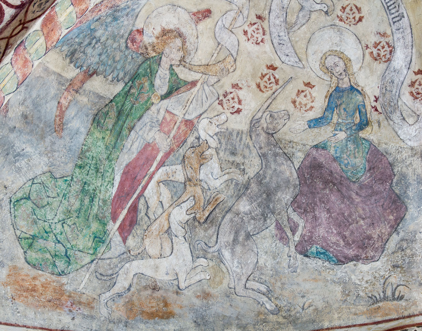 Detalj ur Bebådelsen för jungfru Maria, framställd som legenden om enhörningsjakten - Ösmo kyrka