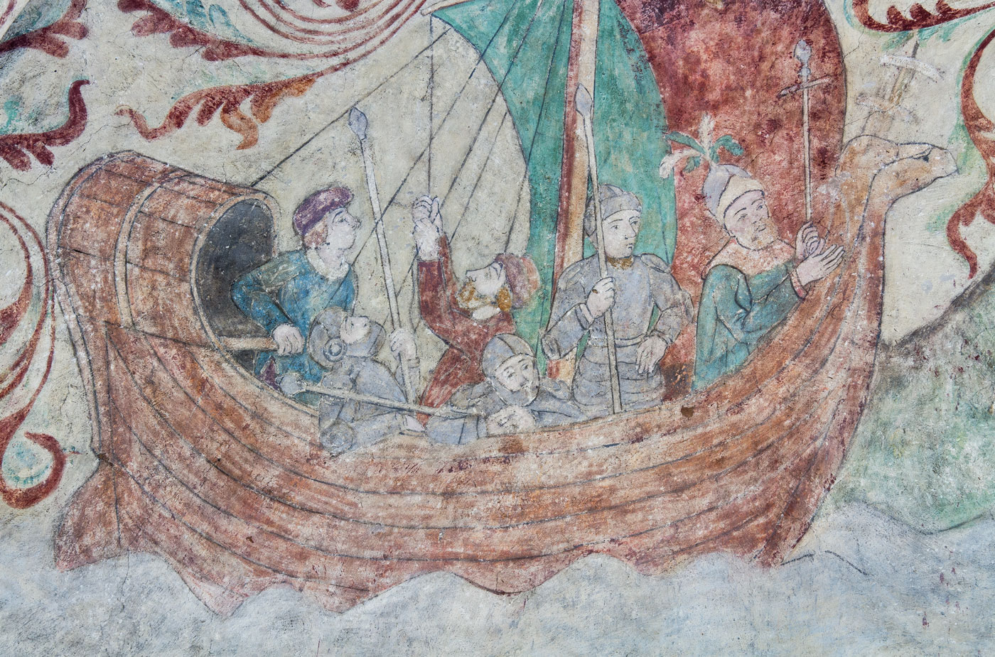 Detalj ur Harald med sina män i Olofs skepp Ormen - Ösmo kyrka