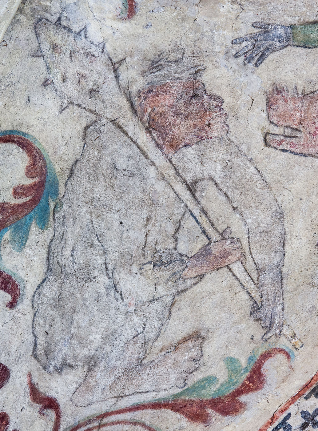 Detalj ur En dvärg, som rider på ett svin fram mot en vildman, som är beväpnad med en spikklubba - Ösmo kyrka