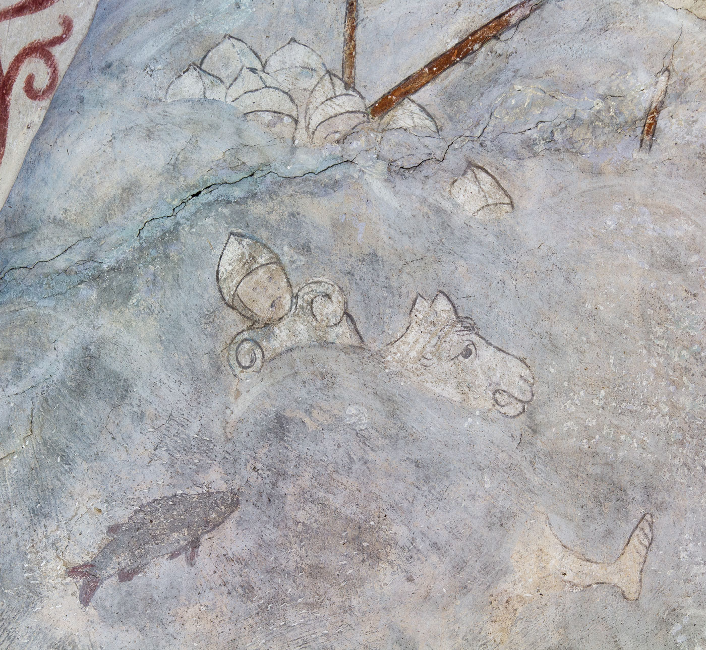 Detalj ur Israeliternas vandring genom Röda havet där faraos här syns drunkna - Ösmo kyrka