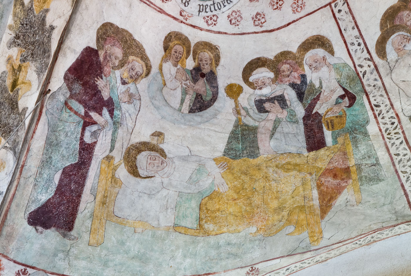 Marias död och där ovanför Maria och Kristus i molnkrans (V) - Vänge kyrka