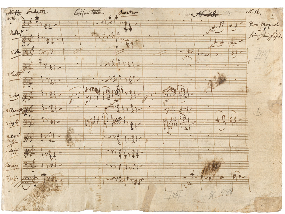 Första sidan ur Mozarts partitur till Così fan tutte