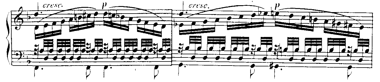 (Ex. 3) Uvertyren, de upp- och nedgående mollskalorna med rytmen lång-kort, lång-kort i basstämman