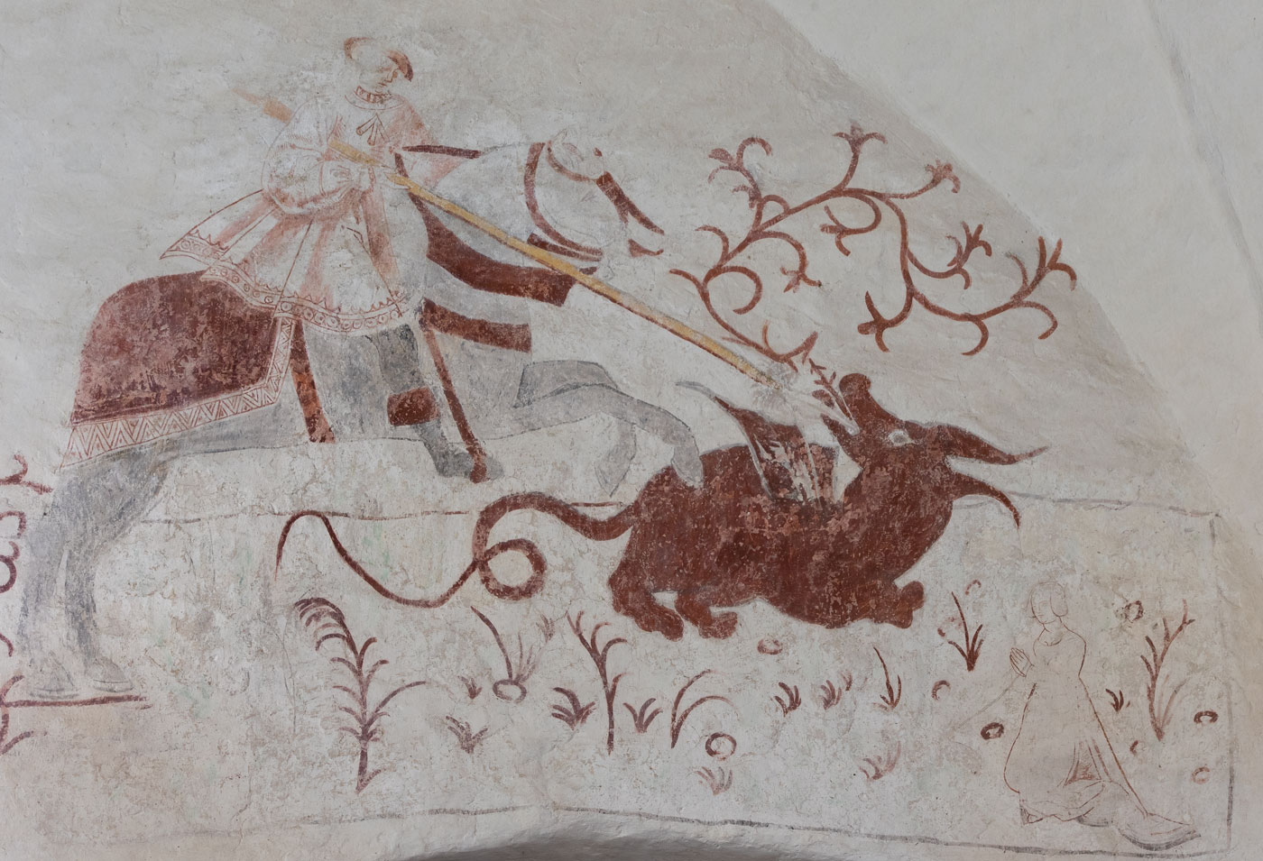 S:t Göran och draken (kalkmålning på vägg, travé I, söder) - Halla kyrka