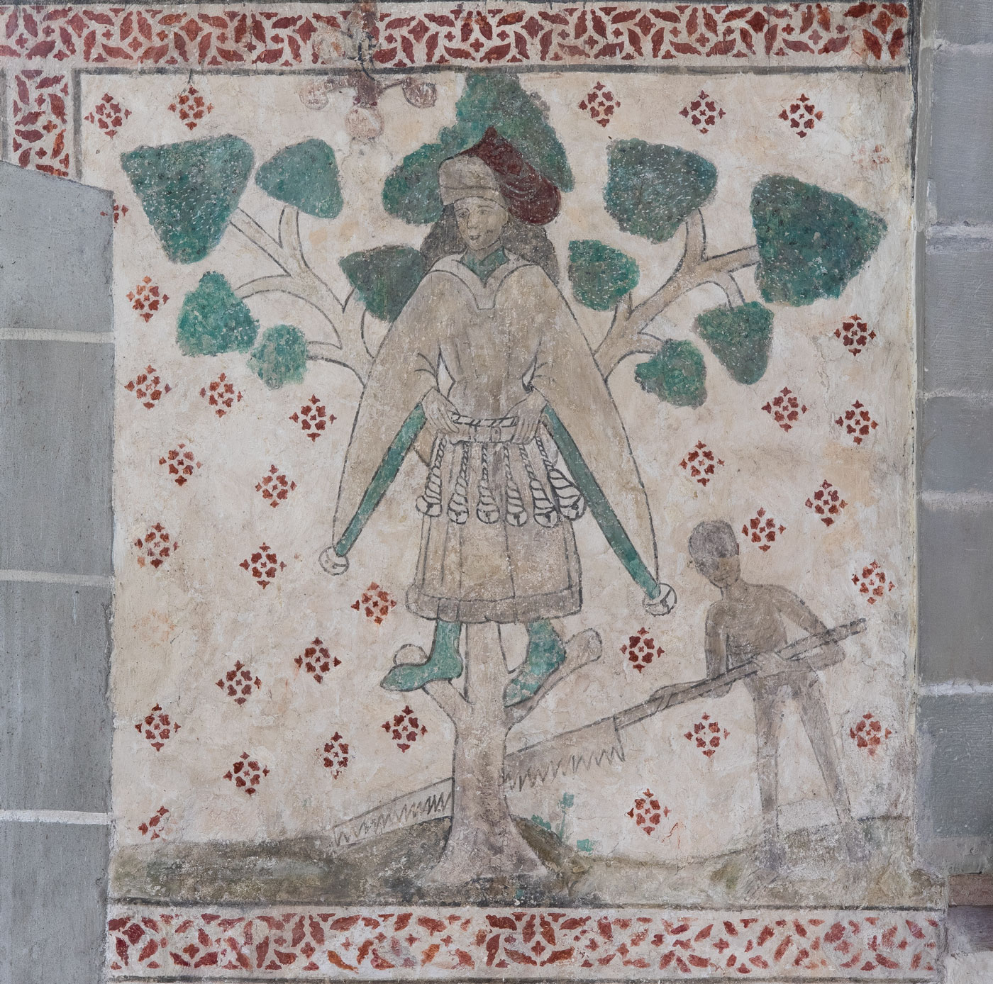 Mannen i trädet (kalkmålning på vägg, travé I, söder) - Öja kyrka