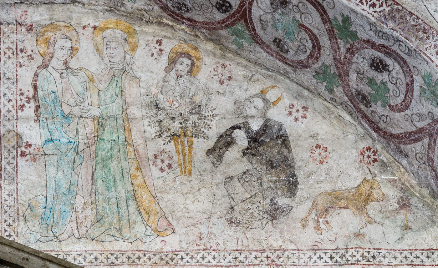 Till vänster: Marias och Elisabets möte; Till höger: Herren visar sig för Mose i den brinnande busken - Almunge kyrka