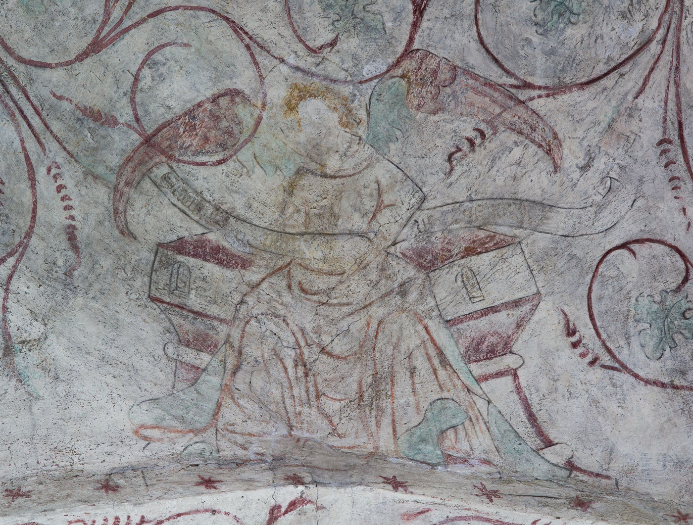 Målning från 1400-talets mitt: Evangelisten Matteus symbol, en bevingad människa (detalj) - Håbo-Tibble kyrka