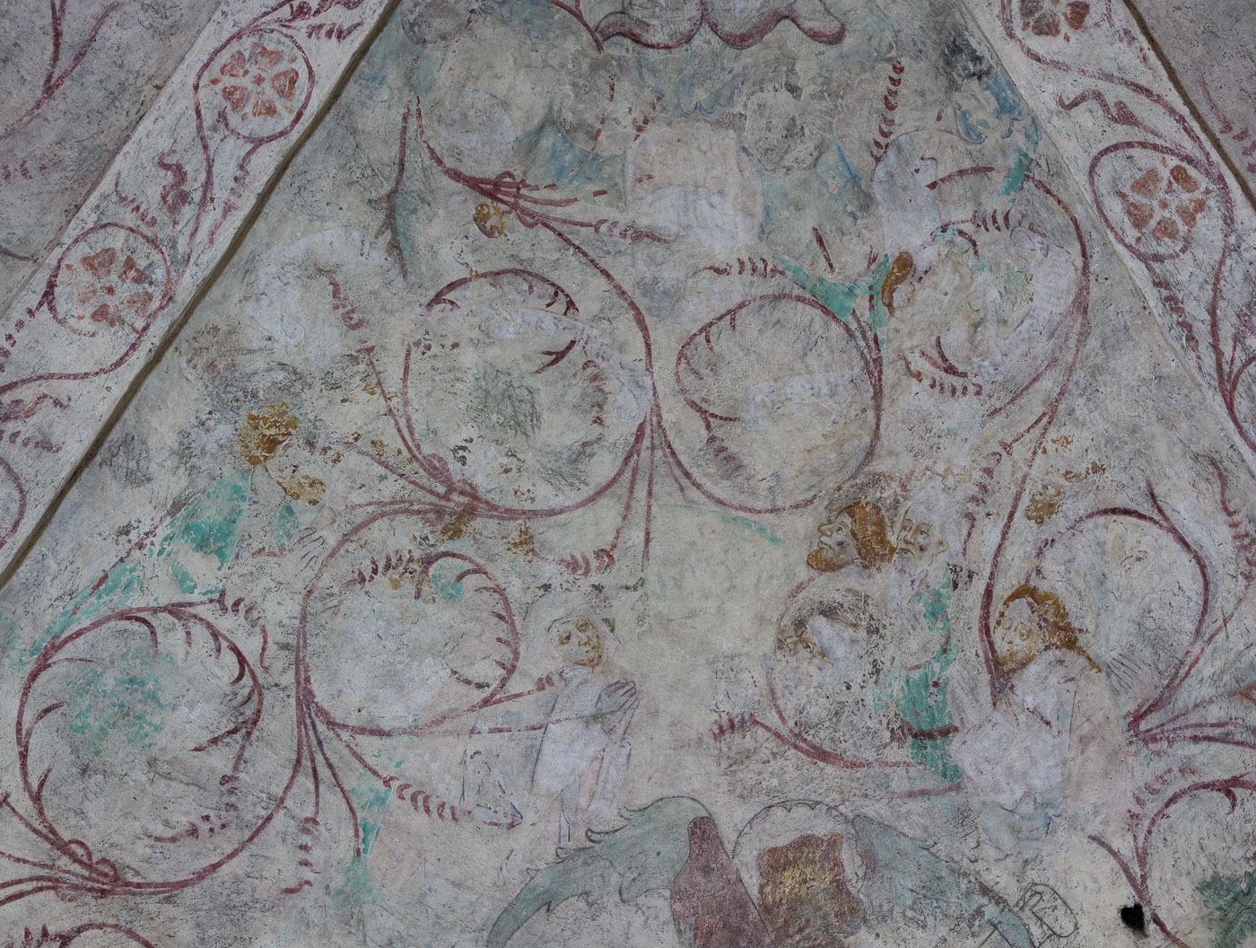 Målning från 1400-talets mitt. Fragment av målningslager från slutet av 1400-talet: Kristi himmelsfärd - Håbo-Tibble kyrka