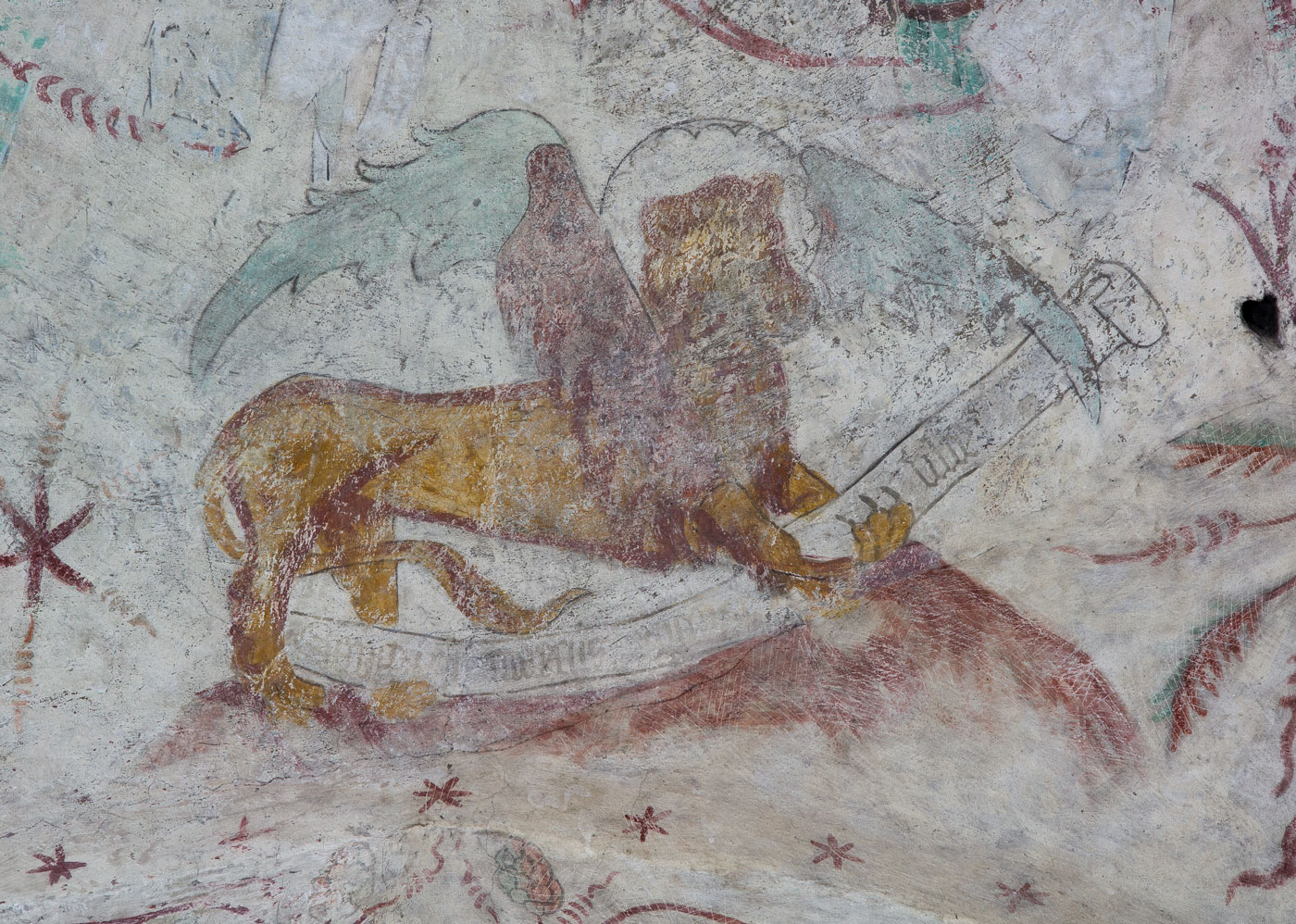 Målning från 1400-talets mitt: Evangelisten Markus symbol, ett lejon (detalj) - Håbo-Tibble kyrka
