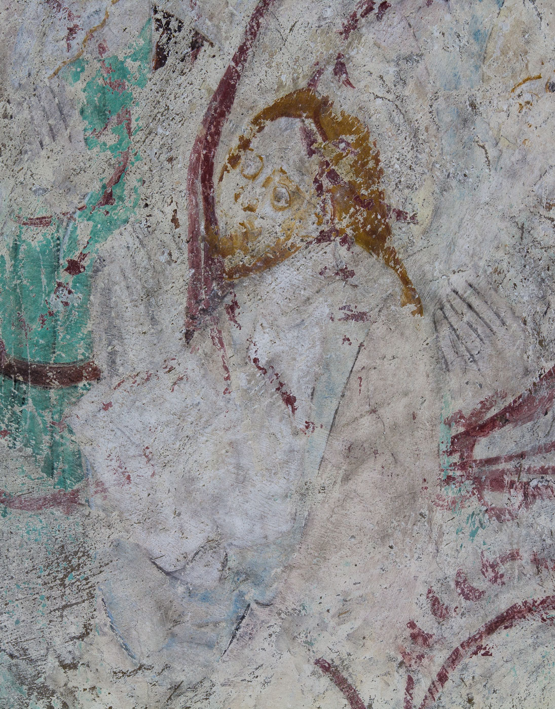 Målning från 1400-talets mitt. Fragment av målningslager från slutet av 1400-talet: Kristi himmelsfärd (detalj) - Håbo-Tibble kyrka