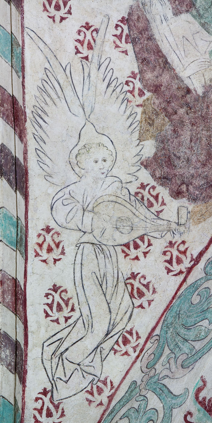 Lutspelande ängel, detalj till vänster ur Marias kröning i närvaro av Treenigheten - Lids kyrka
