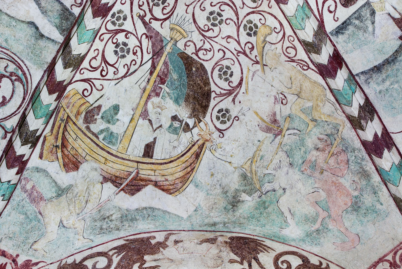 Skeppet Oxen, som seglas av S:t Olof i kappseglingen med brodern om Norges krona - Lids kyrka