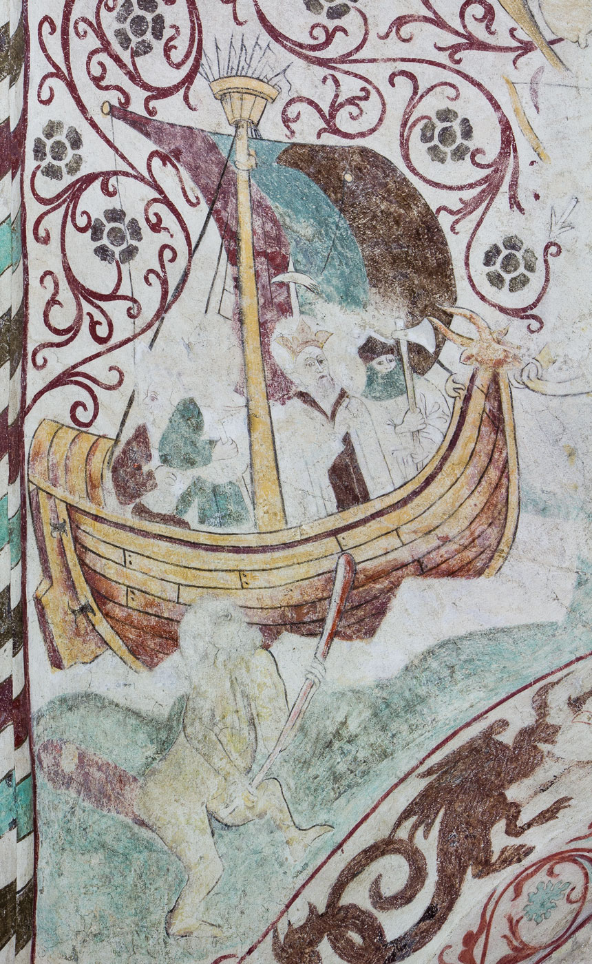 Detalj ur Skeppet Oxen, som seglas av S:t Olof i kappseglingen med brodern om Norges krona - Lids kyrka