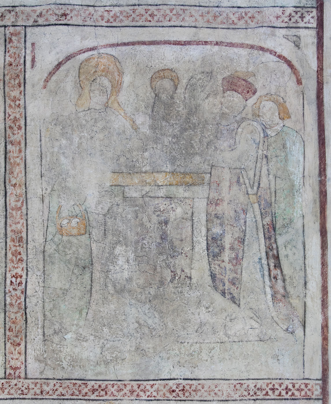 Frambärande i templet. Till vänster Maria med en korg med druvor, till höger Simeon i toppig mössa - Nederluleå kyrka