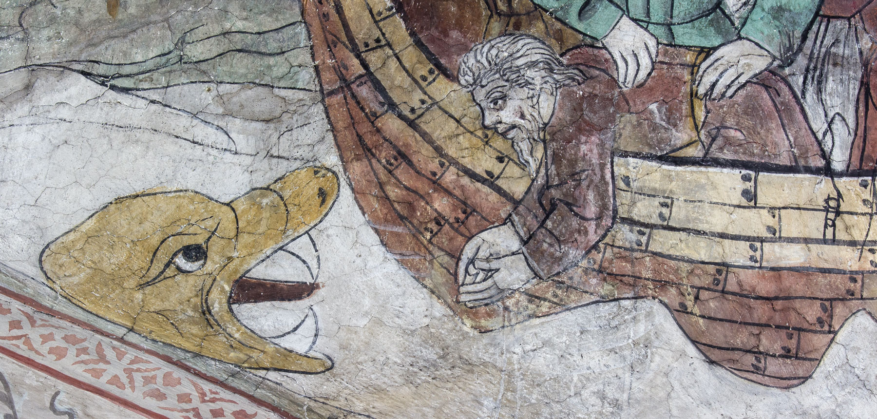 Detalj ur Jona kastas i havet för att uppslukas av valfisken (V) - Odensala kyrka