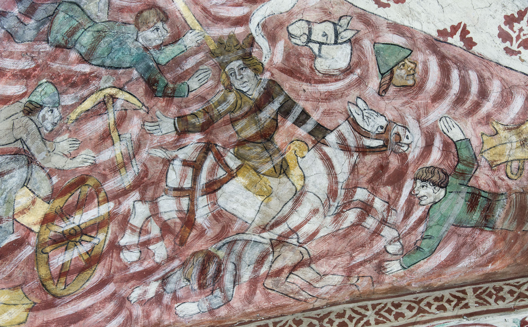 Detalj ur Israeliternas vandring genom Röda havet: Farao och hans här drunknar i Röda havet (S) - Odensala kyrka