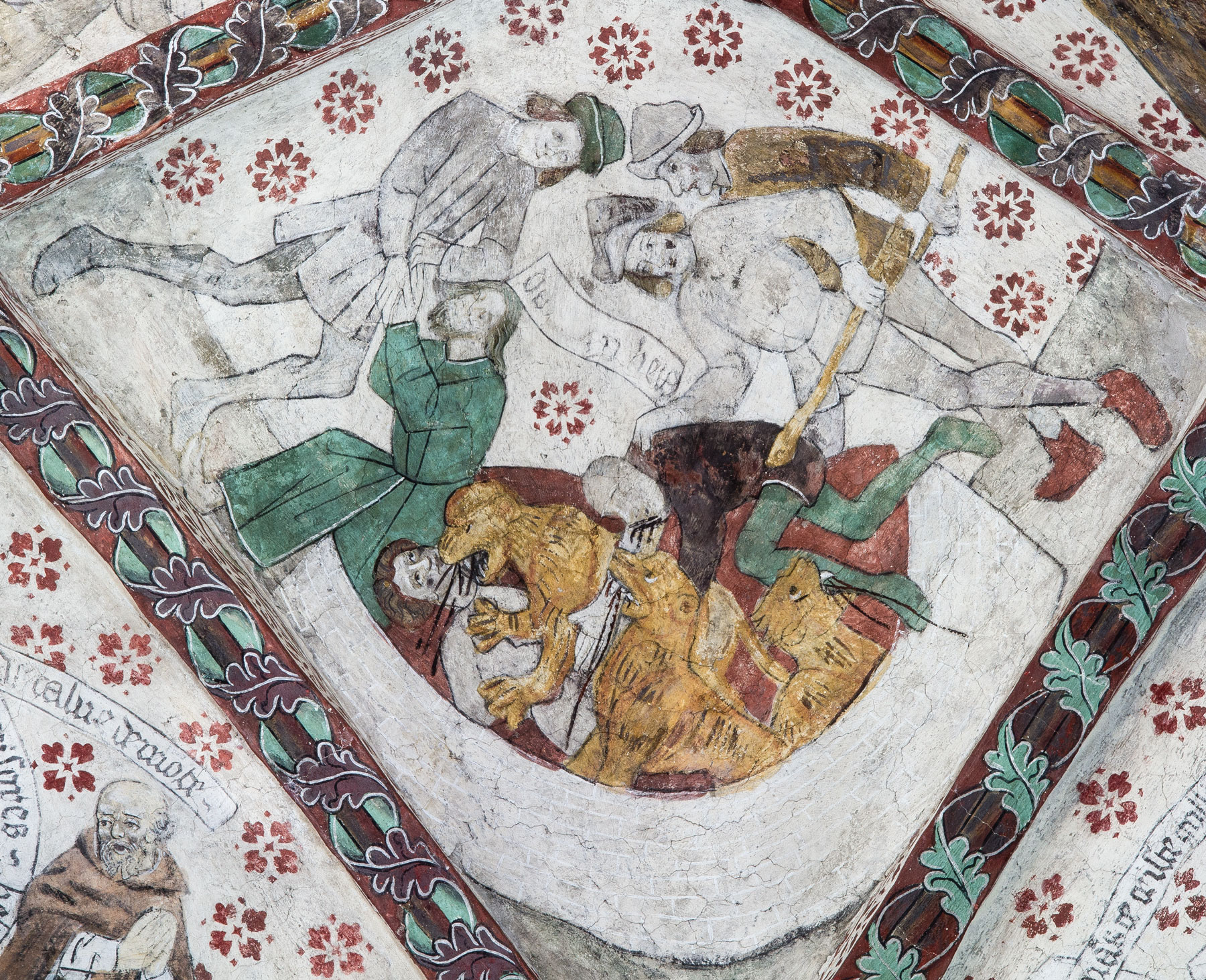 Daniel befrias ur lejongropen, hans fiender störtas däri - Odensala kyrka