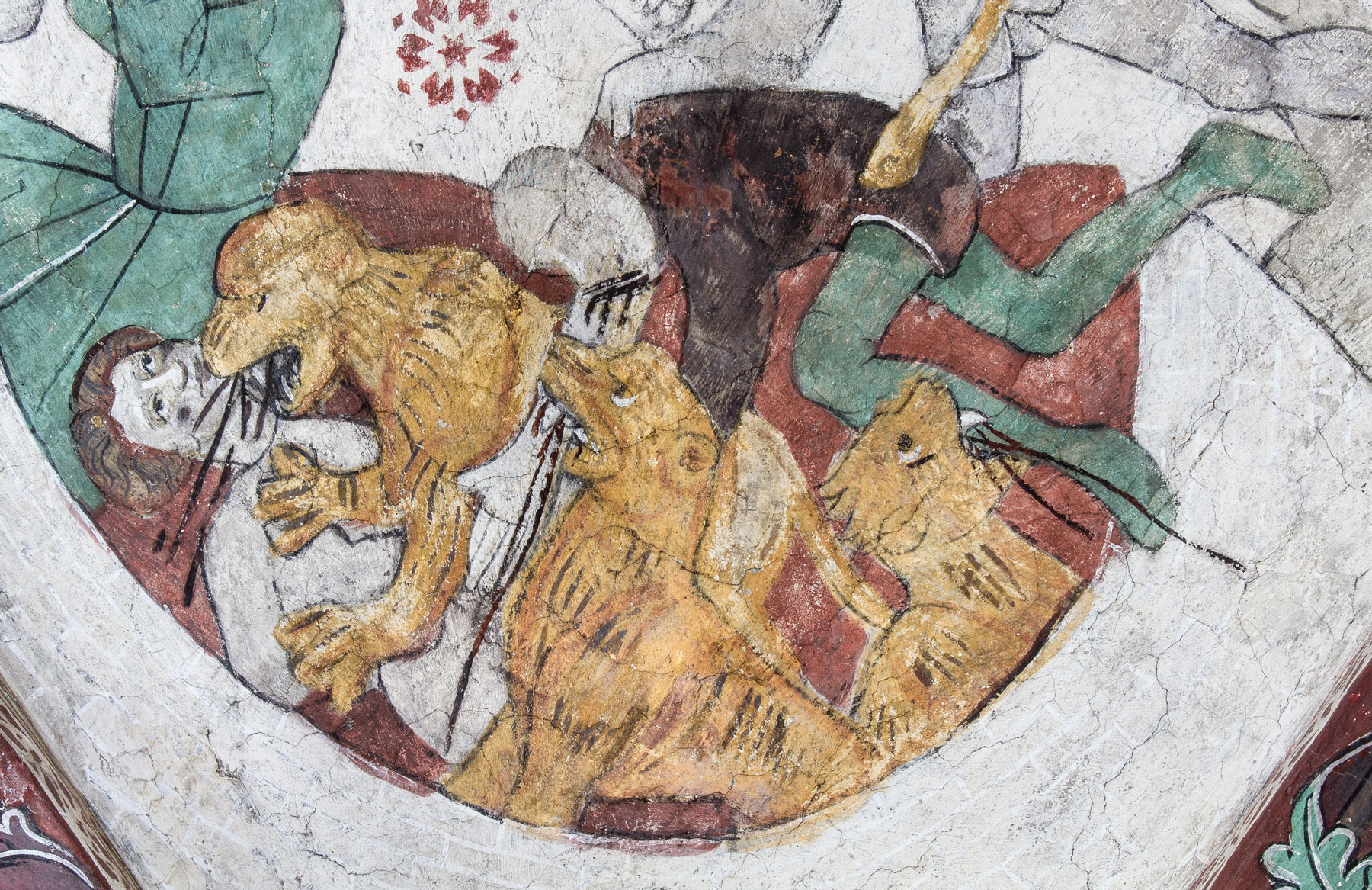 Detalj ur Daniel befrias ur lejongropen, hans fiender störtas däri - Odensala kyrka