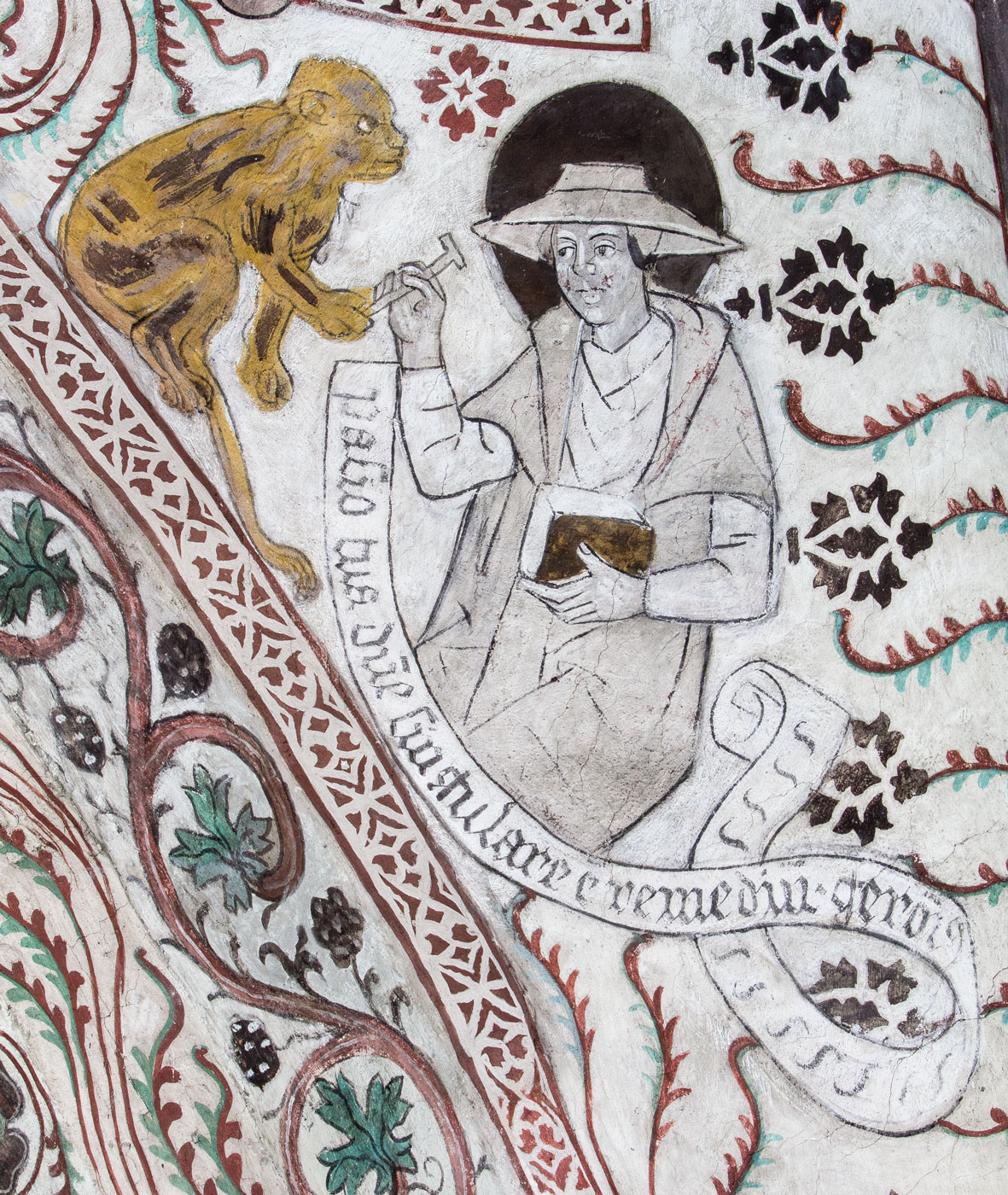 Hieronymus, kardinal, en av de fyra latinska kyrkofäderna, som tar ut en törntagg ur ett lejons tass (S) - Odensala kyrka