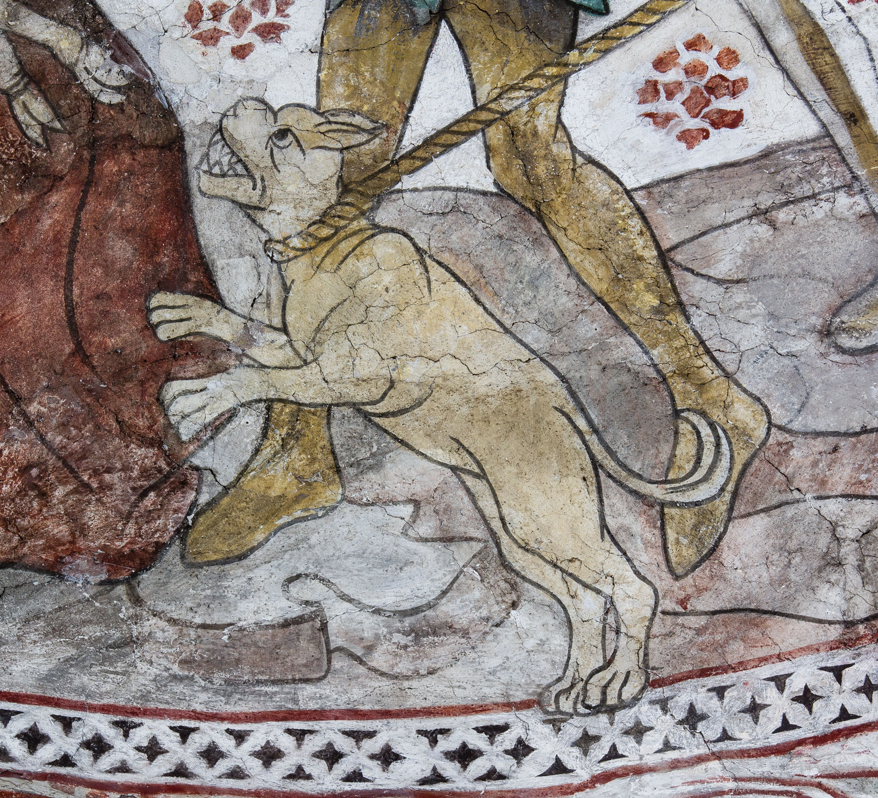 Detalj ur Legenden om enhörningen i jungfru Marias sköte. Då enhörningen jagas, söker den skydd i skötet hos en ren jungfru - Odensala kyrka