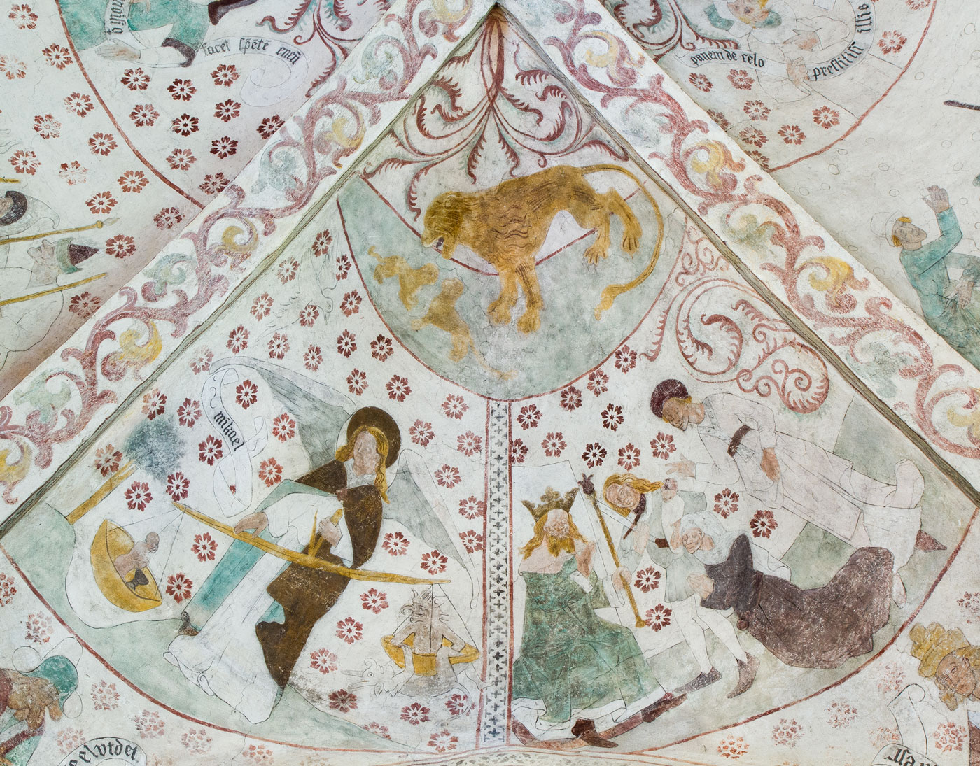 Lejonhannen väcker sina ungar till liv; S:t Mikael vid själavägningen; Salomos dom - Vänge kyrka