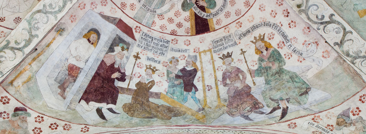 Ester inför Ahasveros/Xerxes; Till höger Ester och Haman; Salomo upphöjer sin mor Batseba - Vänge kyrka